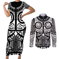 Marquesas Islands Couples Matching Short Sleeve Bodycon Dress and Long Sleeve Button Shirt Marquesan Tattoo Black White Color - Polynesian Pride