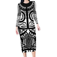 Marquesas Islands Family Matching Long Sleeve Bodycon Dress and Hawaiian Shirt Marquesan Tattoo Black White Color - Polynesian Pride