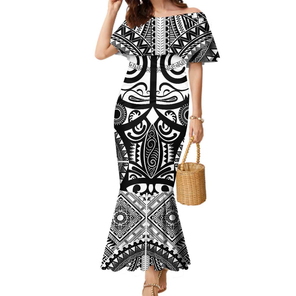 Marquesas Islands Family Matching Mermaid Dress and Hawaiian Shirt Marquesan Tattoo Black White Color - Polynesian Pride
