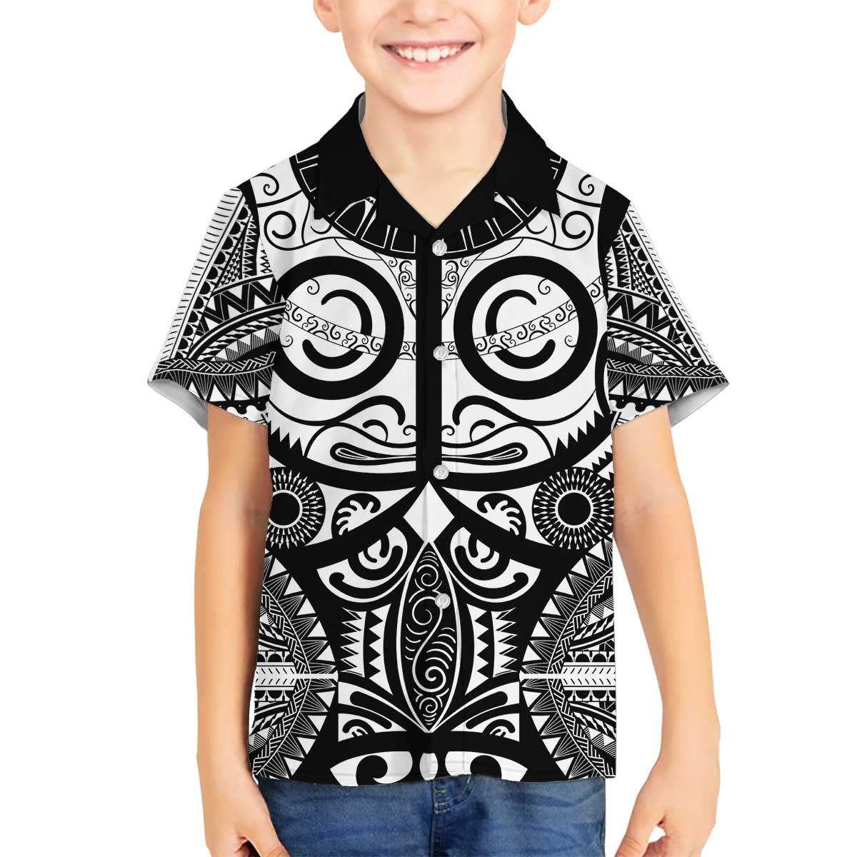Marquesas Islands Family Matching Off The Shoulder Long Sleeve Dress and Hawaiian Shirt Marquesan Tattoo Black White Color LT14 Son's Shirt Black - Polynesian Pride