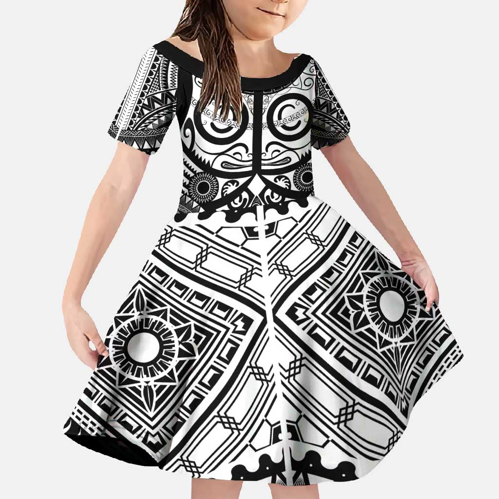 Marquesas Islands Family Matching Off Shoulder Maxi Dress and Hawaiian Shirt Marquesan Tattoo Black White Color LT14 Daughter's Dress Black - Polynesian Pride