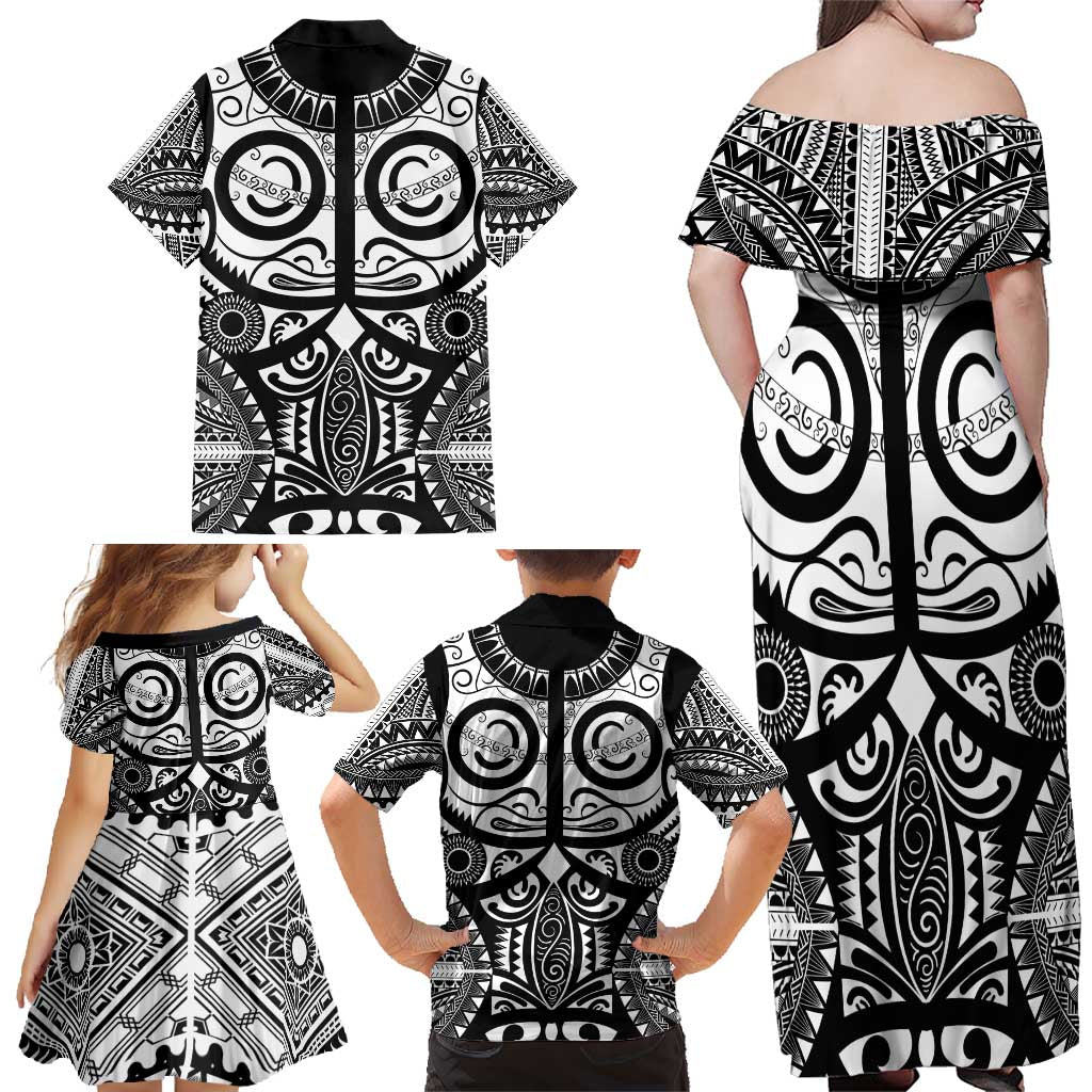 Marquesas Islands Family Matching Off Shoulder Maxi Dress and Hawaiian Shirt Marquesan Tattoo Black White Color LT14 - Polynesian Pride