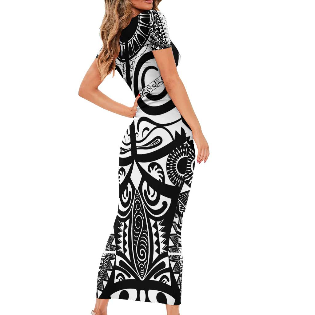 Marquesas Islands Family Matching Short Sleeve Bodycon Dress and Hawaiian Shirt Marquesan Tattoo Black White Color - Polynesian Pride
