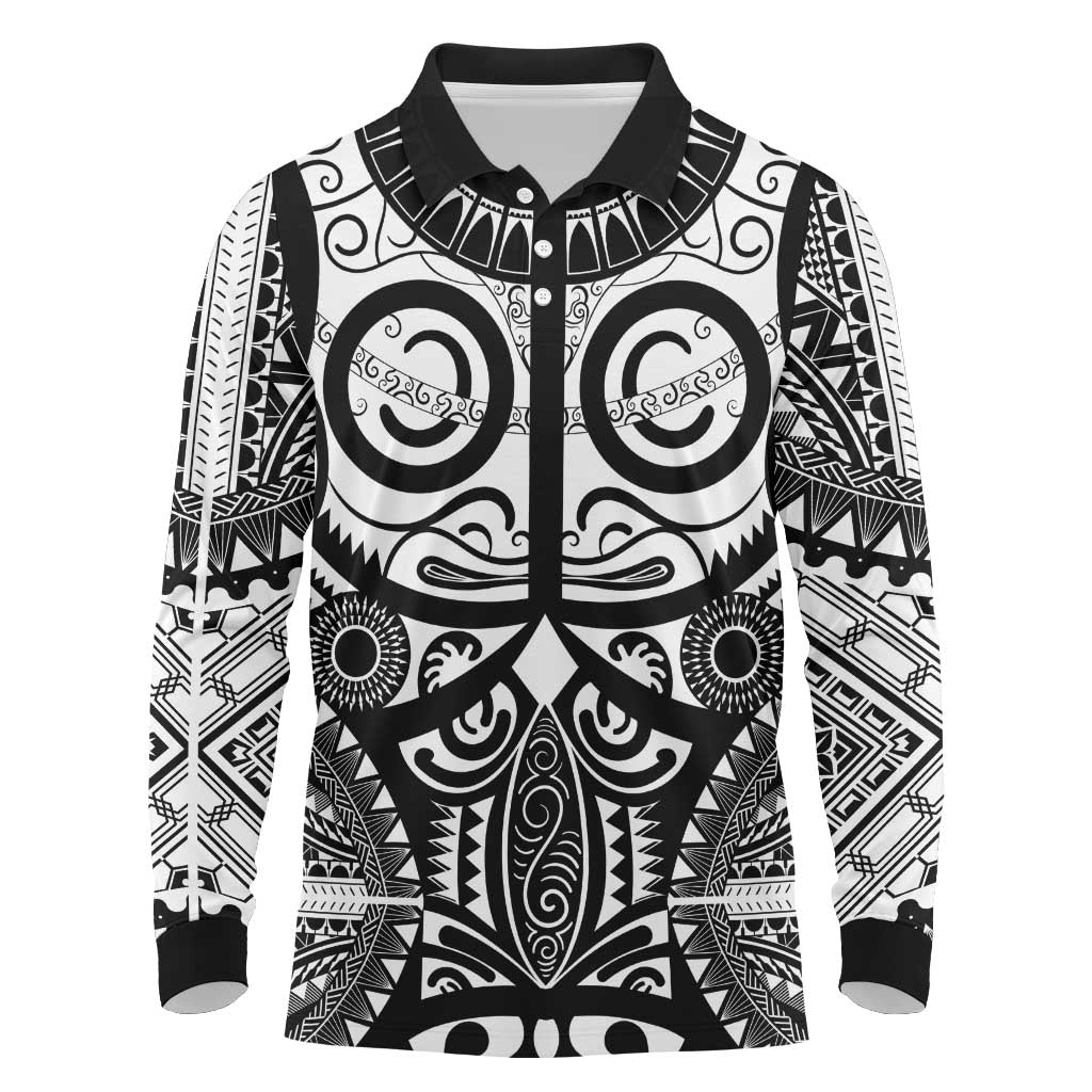 Marquesas Islands Long Sleeve Polo Shirt Marquesan Tattoo Black White Color - Polynesian Pride