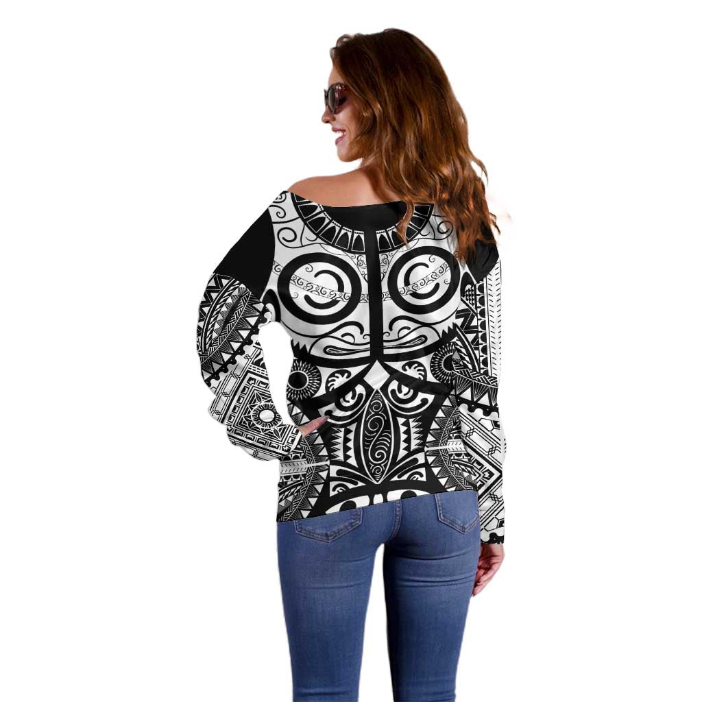 Marquesas Islands Off Shoulder Sweater Marquesan Tattoo Black White Color - Polynesian Pride
