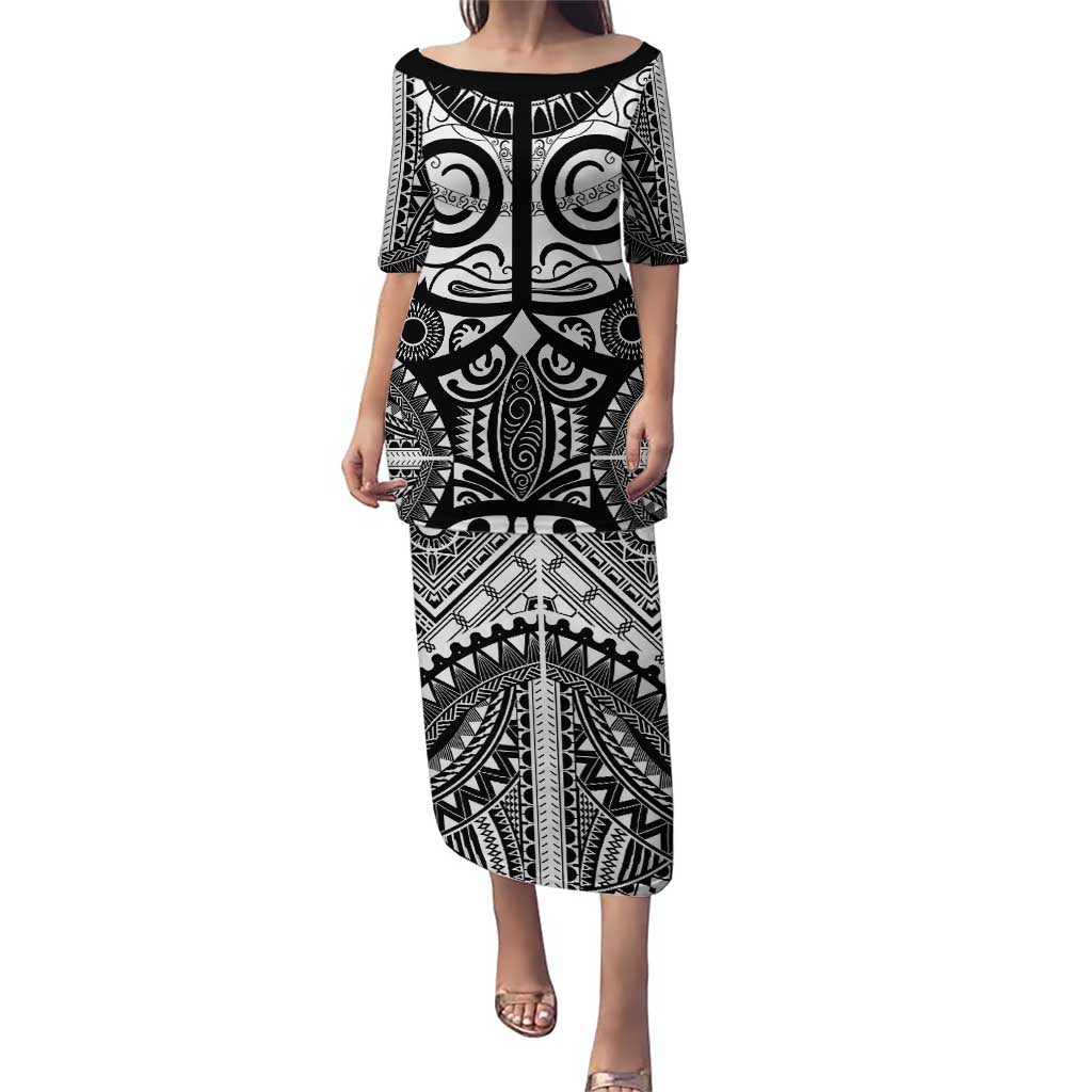 Marquesas Islands Puletasi Marquesan Tattoo Black White Color LT14 Long Dress Black - Polynesian Pride