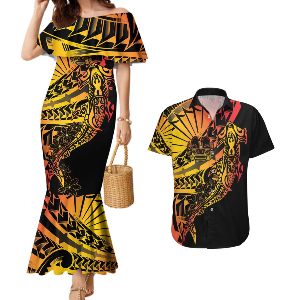 Gradient Marquesas Islands Couples Matching Mermaid Dress and Hawaiian Shirt Marquesan Matatiki Hammerhead Shark Patutiki - Polynesian Pride