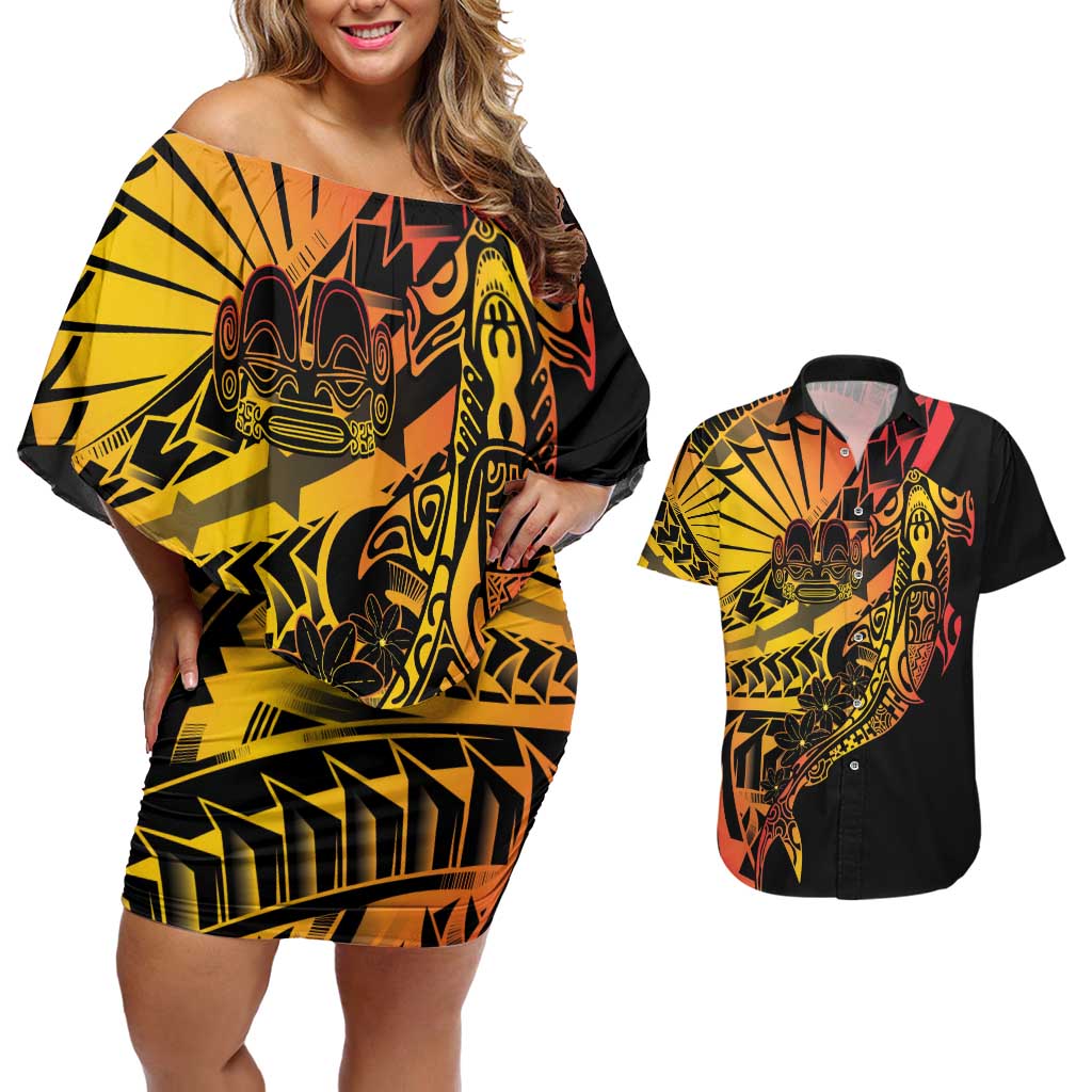 Gradient Marquesas Islands Couples Matching Off Shoulder Short Dress and Hawaiian Shirt Marquesan Matatiki Hammerhead Shark Patutiki - Polynesian Pride