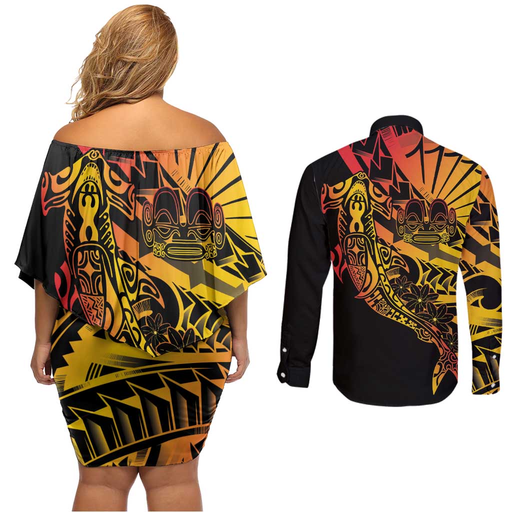 Gradient Marquesas Islands Couples Matching Off Shoulder Short Dress and Long Sleeve Button Shirt Marquesan Matatiki Hammerhead Shark Patutiki - Polynesian Pride