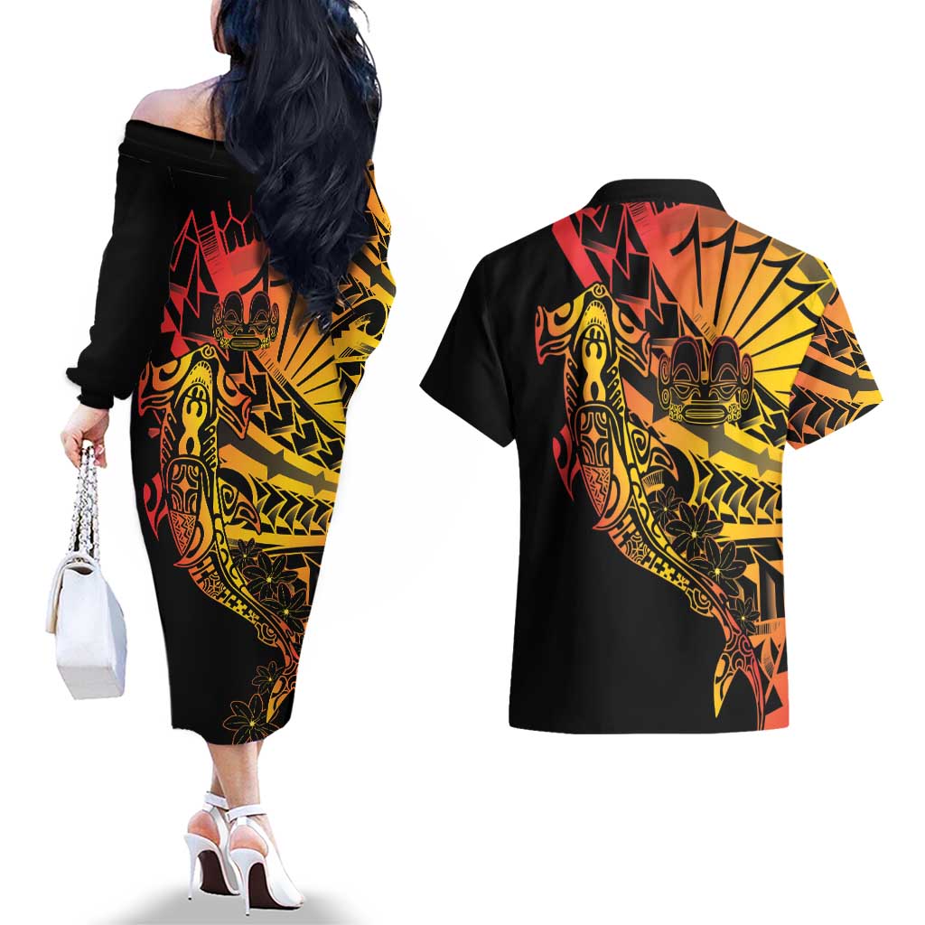 Gradient Marquesas Islands Couples Matching Off The Shoulder Long Sleeve Dress and Hawaiian Shirt Marquesan Matatiki Hammerhead Shark Patutiki - Polynesian Pride