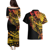 Gradient Marquesas Islands Couples Matching Puletasi and Hawaiian Shirt Marquesan Matatiki Hammerhead Shark Patutiki - Polynesian Pride