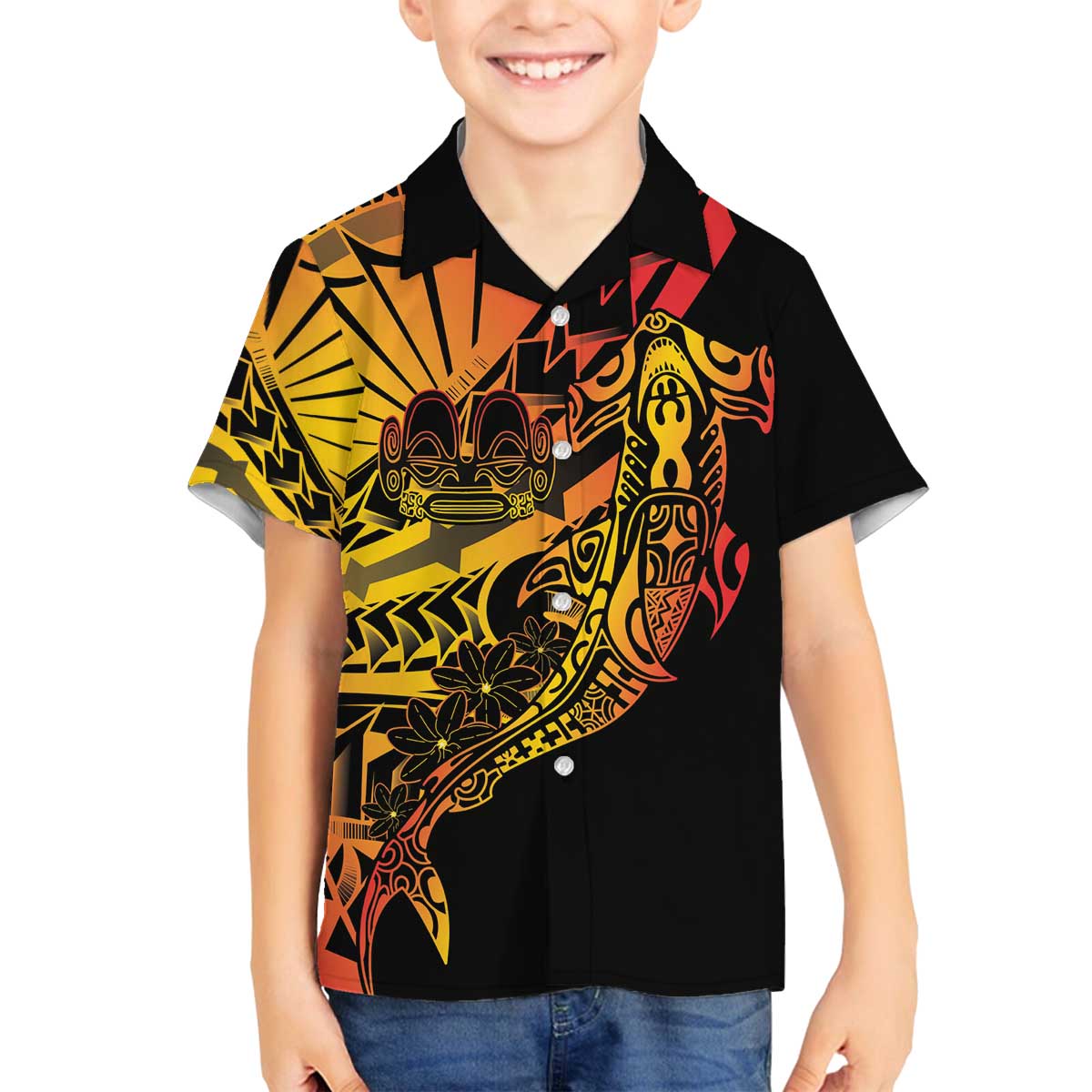 Gradient Marquesas Islands Family Matching Off The Shoulder Long Sleeve Dress and Hawaiian Shirt Marquesan Matatiki Hammerhead Shark Patutiki - Polynesian Pride