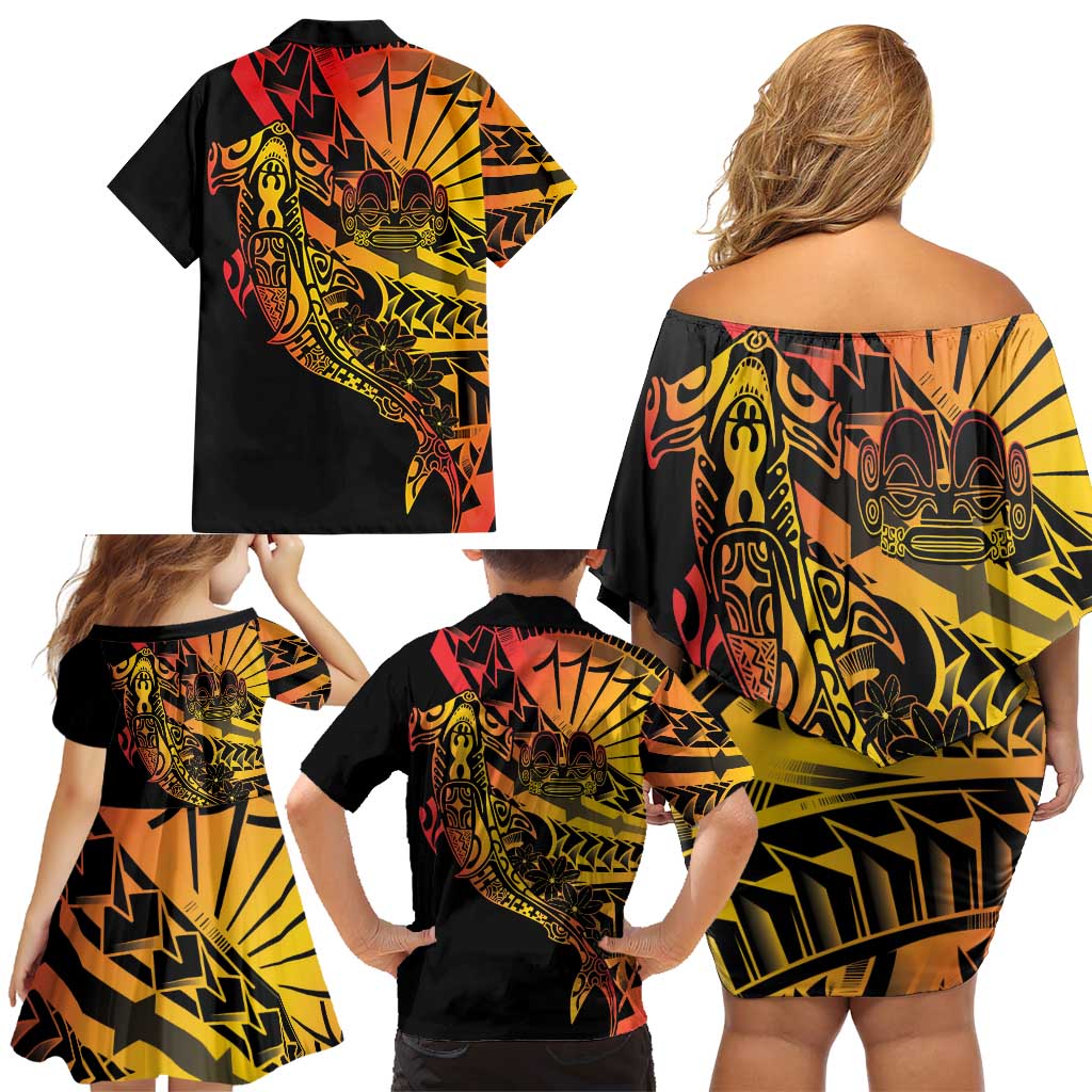 Gradient Marquesas Islands Family Matching Off Shoulder Short Dress and Hawaiian Shirt Marquesan Matatiki Hammerhead Shark Patutiki - Polynesian Pride
