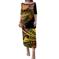 Gradient Marquesas Islands Family Matching Puletasi and Hawaiian Shirt Marquesan Matatiki Hammerhead Shark Patutiki LT14 Mom's Dress Yellow - Polynesian Pride