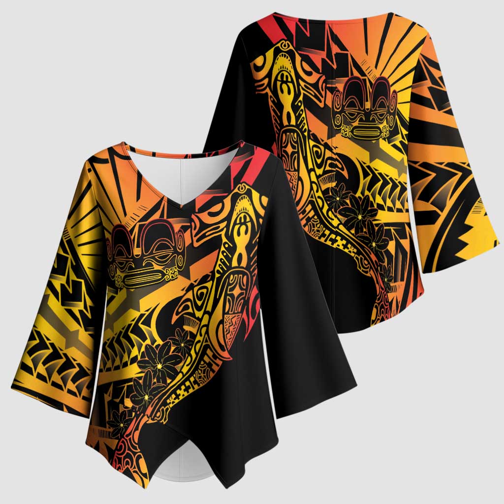 Gradient Marquesas Islands Kimono Sleeve Blouse Marquesan Matatiki Hammerhead Shark Patutiki - Polynesian Pride