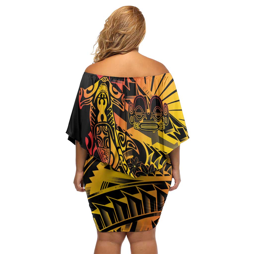 Gradient Marquesas Islands Off Shoulder Short Dress Marquesan Matatiki Hammerhead Shark Patutiki LT14 - Polynesian Pride