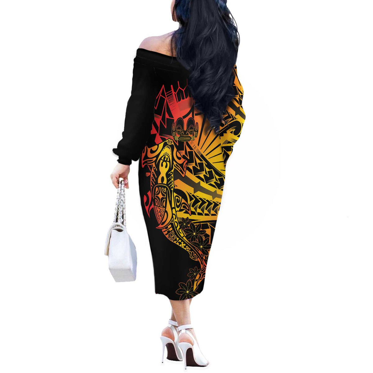 Gradient Marquesas Islands Off The Shoulder Long Sleeve Dress Marquesan Matatiki Hammerhead Shark Patutiki - Polynesian Pride