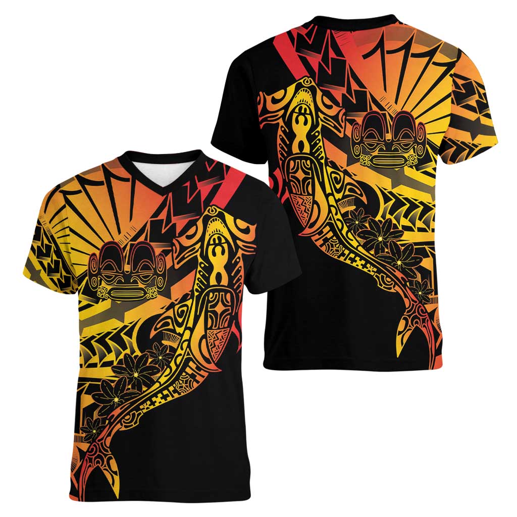 Gradient Marquesas Islands Women V-Neck T-Shirt Marquesan Matatiki Hammerhead Shark Patutiki - Polynesian Pride