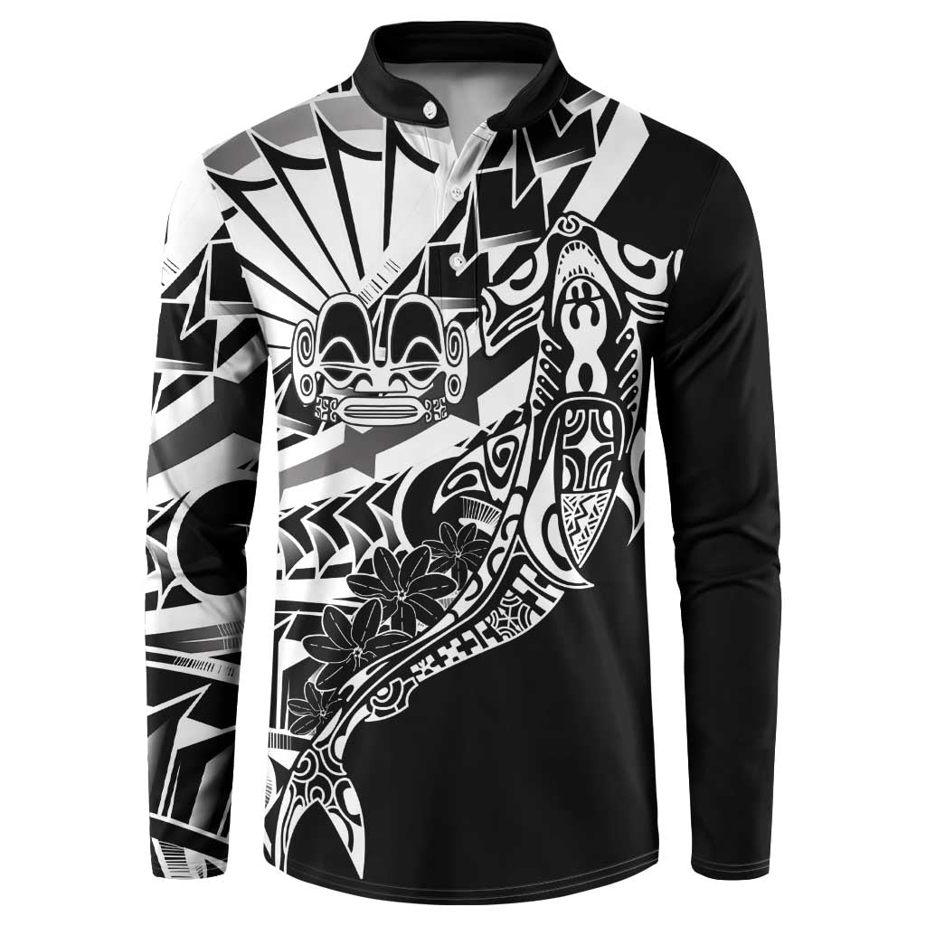 Black White Marquesas Islands Button Sweatshirt Marquesan Matatiki Hammerhead Shark Patutiki - Polynesian Pride