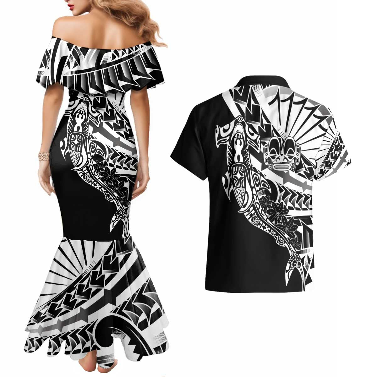Black White Marquesas Islands Couples Matching Mermaid Dress and Hawaiian Shirt Marquesan Matatiki Hammerhead Shark Patutiki - Polynesian Pride