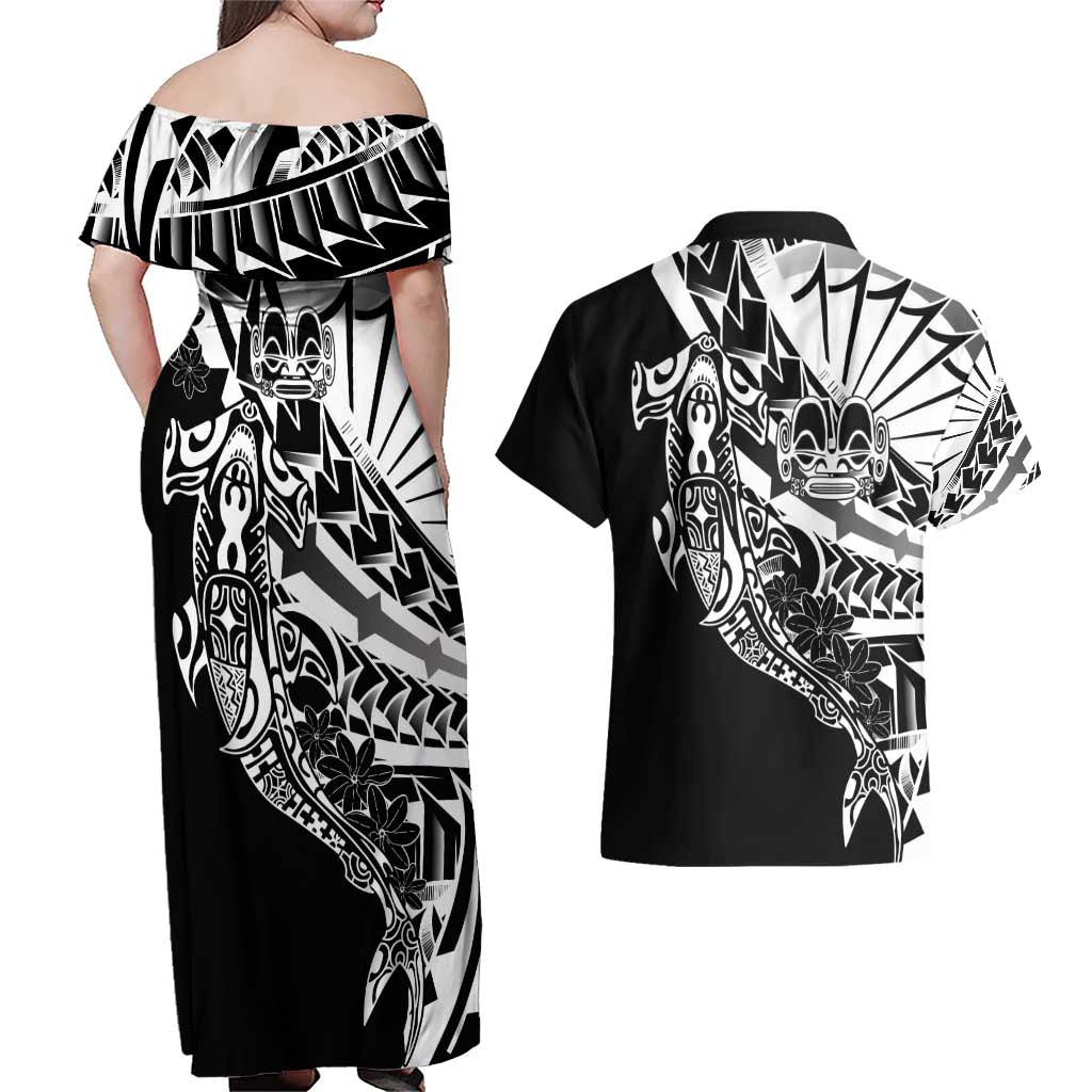 Black White Marquesas Islands Couples Matching Off Shoulder Maxi Dress and Hawaiian Shirt Marquesan Matatiki Hammerhead Shark Patutiki - Polynesian Pride