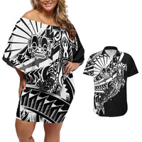 Black White Marquesas Islands Couples Matching Off Shoulder Short Dress and Hawaiian Shirt Marquesan Matatiki Hammerhead Shark Patutiki - Polynesian Pride