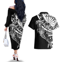 Black White Marquesas Islands Couples Matching Off The Shoulder Long Sleeve Dress and Hawaiian Shirt Marquesan Matatiki Hammerhead Shark Patutiki - Polynesian Pride