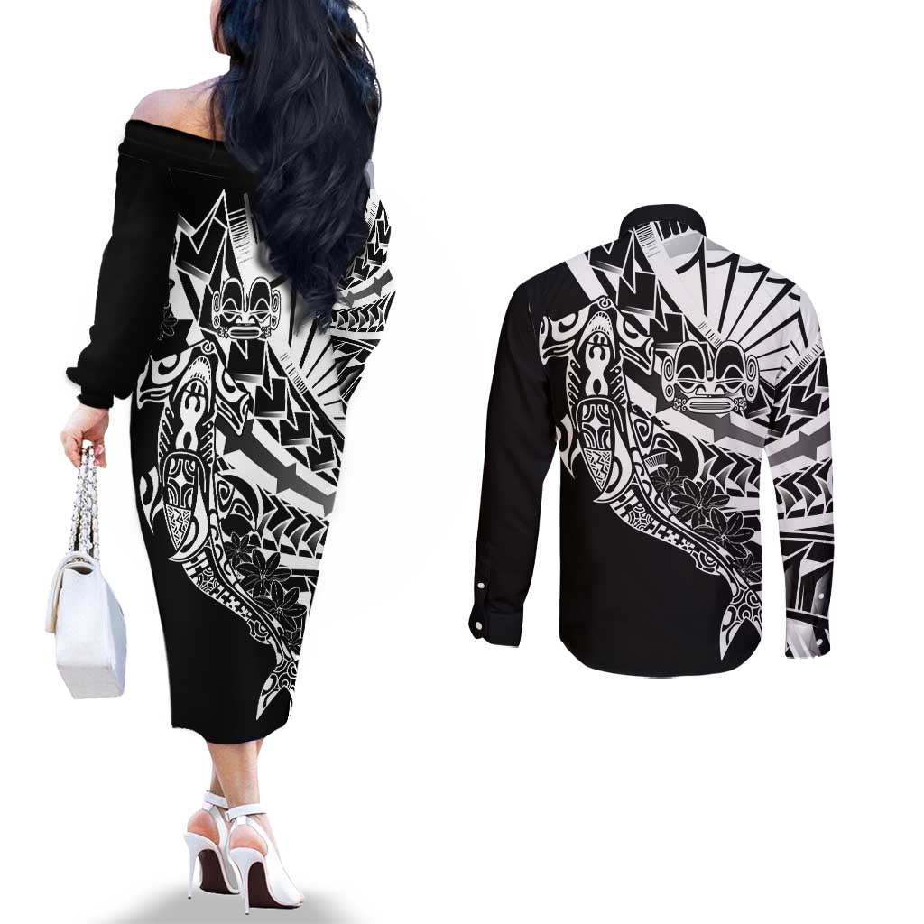 Black White Marquesas Islands Couples Matching Off The Shoulder Long Sleeve Dress and Long Sleeve Button Shirt Marquesan Matatiki Hammerhead Shark Patutiki - Polynesian Pride