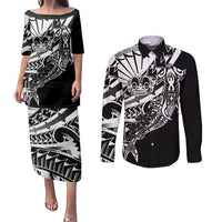 Black White Marquesas Islands Couples Matching Puletasi and Long Sleeve Button Shirt Marquesan Matatiki Hammerhead Shark Patutiki - Polynesian Pride