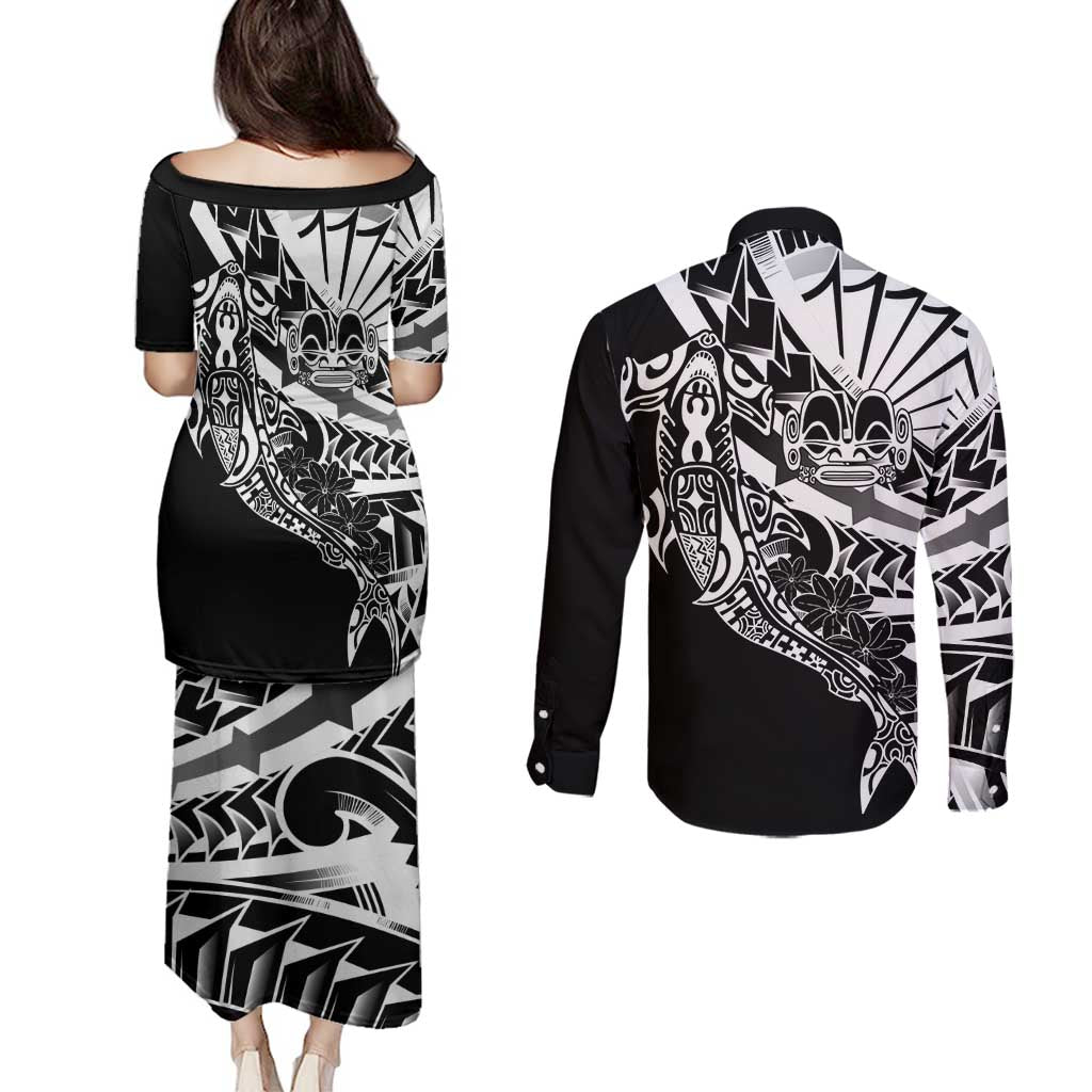 Black White Marquesas Islands Couples Matching Puletasi and Long Sleeve Button Shirt Marquesan Matatiki Hammerhead Shark Patutiki - Polynesian Pride