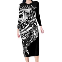 Black White Marquesas Islands Family Matching Long Sleeve Bodycon Dress and Hawaiian Shirt Marquesan Matatiki Hammerhead Shark Patutiki LT14 Mom's Dress Black - Polynesian Pride