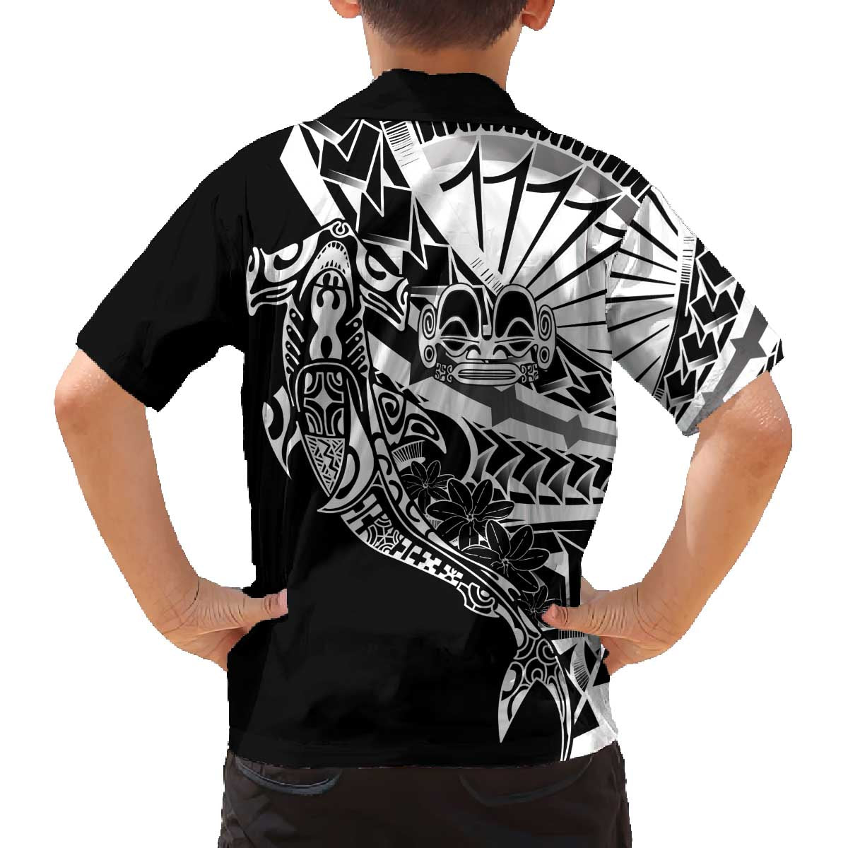 Black White Marquesas Islands Family Matching Off The Shoulder Long Sleeve Dress and Hawaiian Shirt Marquesan Matatiki Hammerhead Shark Patutiki LT14 - Polynesian Pride