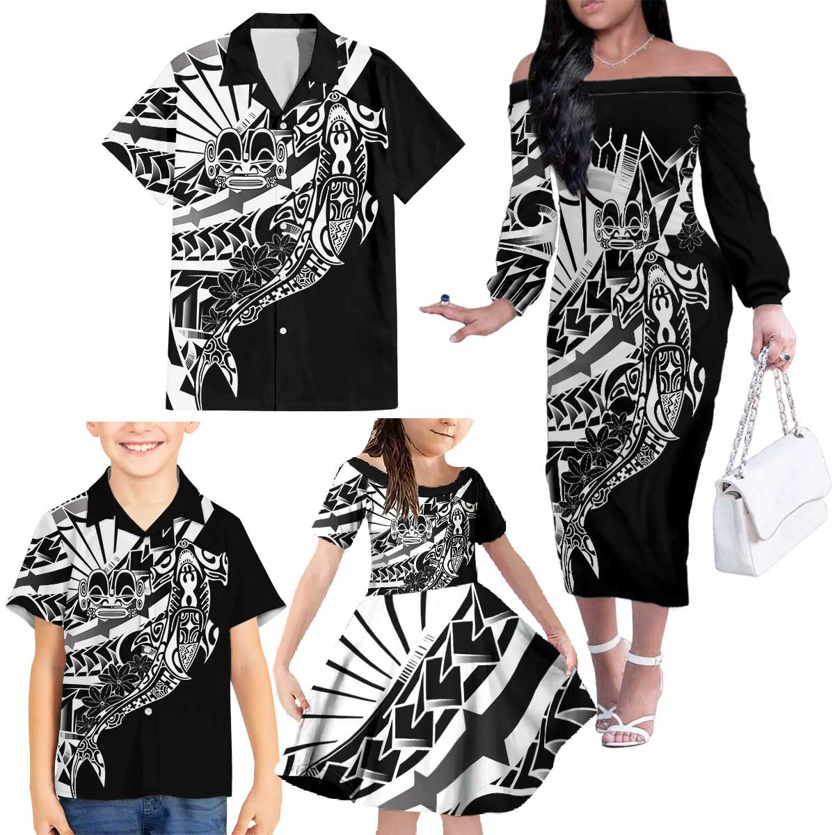 Black White Marquesas Islands Family Matching Off The Shoulder Long Sleeve Dress and Hawaiian Shirt Marquesan Matatiki Hammerhead Shark Patutiki LT14 - Polynesian Pride