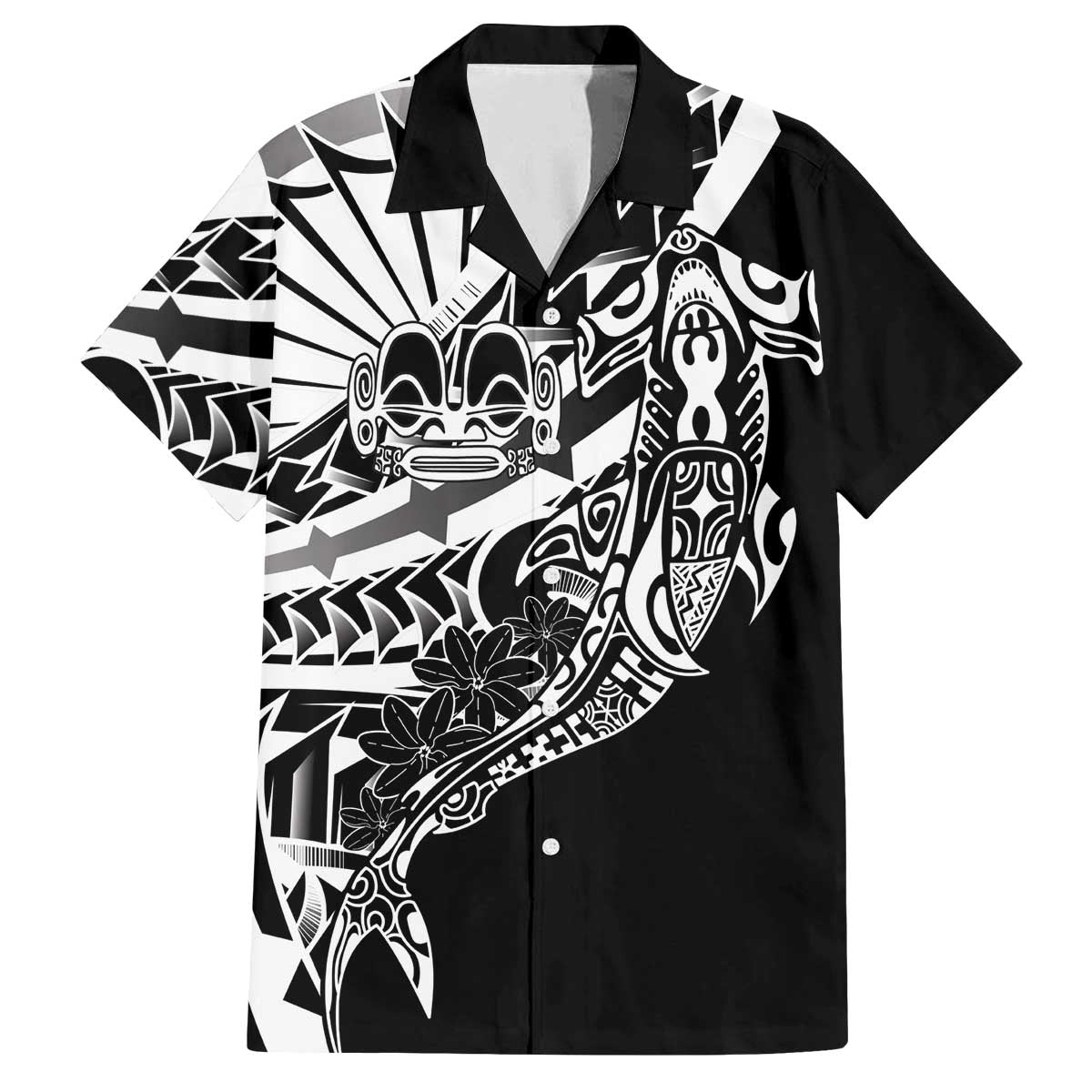 Black White Marquesas Islands Family Matching Off The Shoulder Long Sleeve Dress and Hawaiian Shirt Marquesan Matatiki Hammerhead Shark Patutiki LT14 Dad's Shirt - Short Sleeve Black - Polynesian Pride
