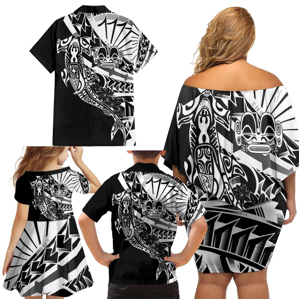 Black White Marquesas Islands Family Matching Off Shoulder Short Dress and Hawaiian Shirt Marquesan Matatiki Hammerhead Shark Patutiki - Polynesian Pride