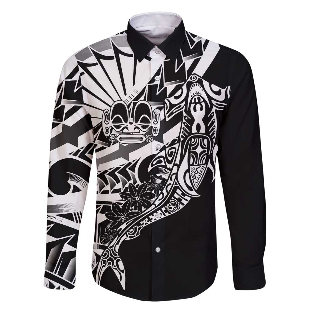 Black White Marquesas Islands Family Matching Off Shoulder Short Dress and Hawaiian Shirt Marquesan Matatiki Hammerhead Shark Patutiki - Polynesian Pride