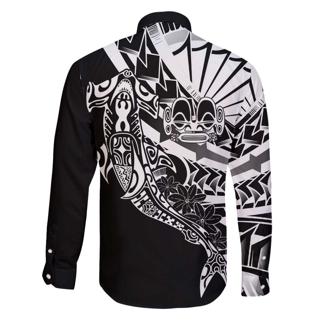 Black White Marquesas Islands Family Matching Off Shoulder Short Dress and Hawaiian Shirt Marquesan Matatiki Hammerhead Shark Patutiki - Polynesian Pride