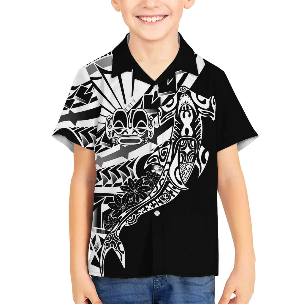 Black White Marquesas Islands Family Matching Off Shoulder Short Dress and Hawaiian Shirt Marquesan Matatiki Hammerhead Shark Patutiki - Polynesian Pride
