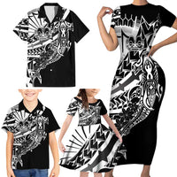 Black White Marquesas Islands Family Matching Short Sleeve Bodycon Dress and Hawaiian Shirt Marquesan Matatiki Hammerhead Shark Patutiki LT14 - Polynesian Pride