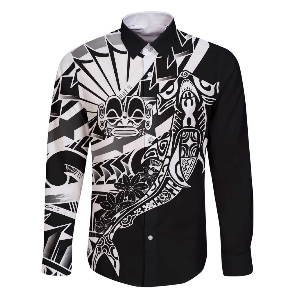 Black White Marquesas Islands Family Matching Short Sleeve Bodycon Dress and Hawaiian Shirt Marquesan Matatiki Hammerhead Shark Patutiki LT14 Dad's Shirt - Long Sleeve Black - Polynesian Pride