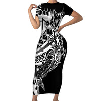 Black White Marquesas Islands Family Matching Short Sleeve Bodycon Dress and Hawaiian Shirt Marquesan Matatiki Hammerhead Shark Patutiki LT14 Mom's Dress Black - Polynesian Pride