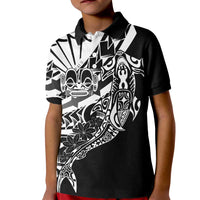 Black White Marquesas Islands Kid Polo Shirt Marquesan Matatiki Hammerhead Shark Patutiki - Polynesian Pride