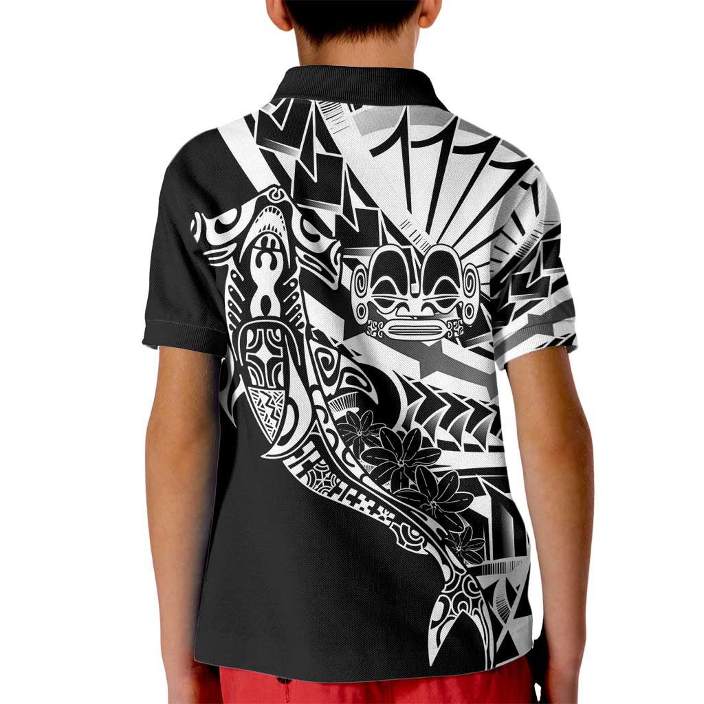 Black White Marquesas Islands Kid Polo Shirt Marquesan Matatiki Hammerhead Shark Patutiki - Polynesian Pride