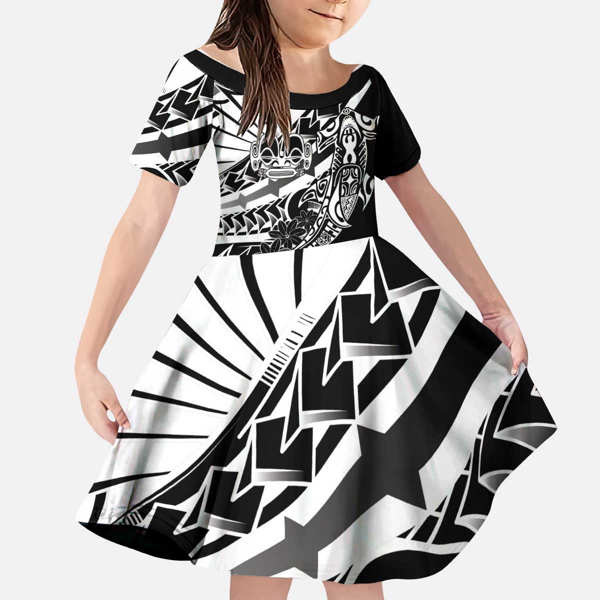 Black White Marquesas Islands Kid Short Sleeve Dress Marquesan Matatiki Hammerhead Shark Patutiki - Polynesian Pride