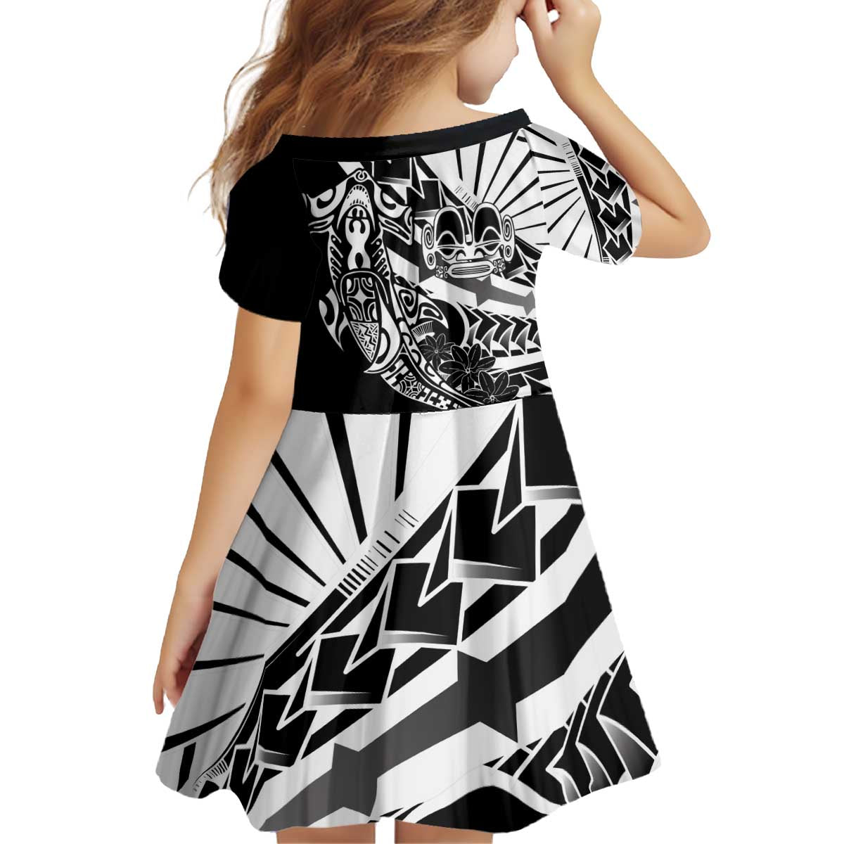 Black White Marquesas Islands Kid Short Sleeve Dress Marquesan Matatiki Hammerhead Shark Patutiki - Polynesian Pride