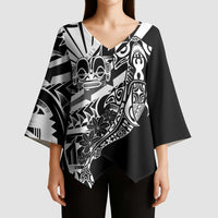 Black White Marquesas Islands Kimono Sleeve Blouse Marquesan Matatiki Hammerhead Shark Patutiki - Polynesian Pride