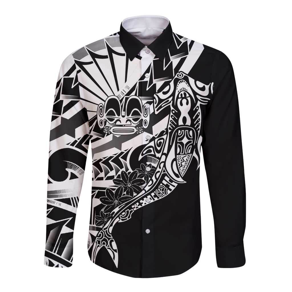 Black White Marquesas Islands Long Sleeve Button Shirt Marquesan Matatiki Hammerhead Shark Patutiki - Polynesian Pride