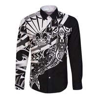 Black White Marquesas Islands Long Sleeve Button Shirt Marquesan Matatiki Hammerhead Shark Patutiki - Polynesian Pride