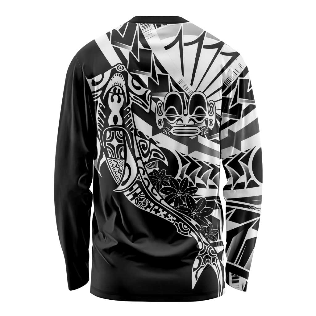 Black White Marquesas Islands Long Sleeve Shirt Marquesan Matatiki Hammerhead Shark Patutiki - Polynesian Pride