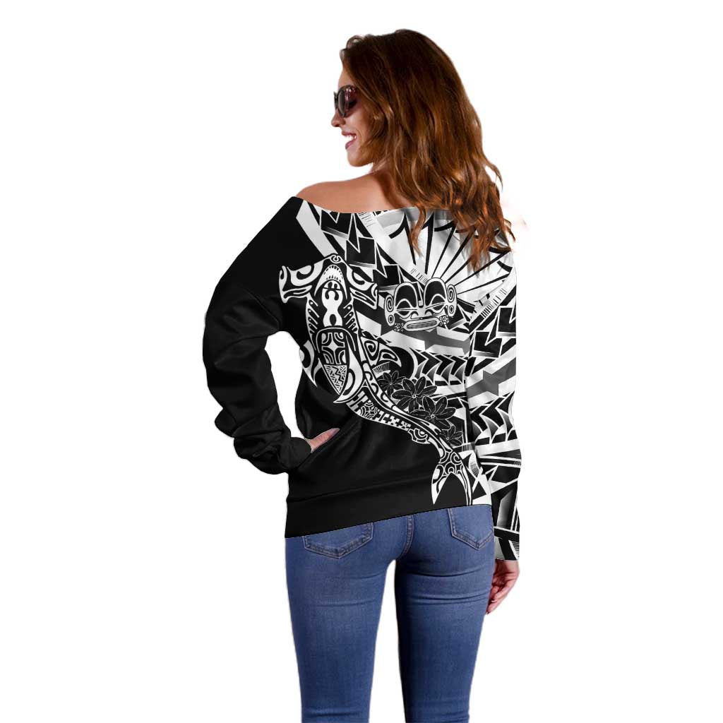 Black White Marquesas Islands Off Shoulder Sweater Marquesan Matatiki Hammerhead Shark Patutiki - Polynesian Pride